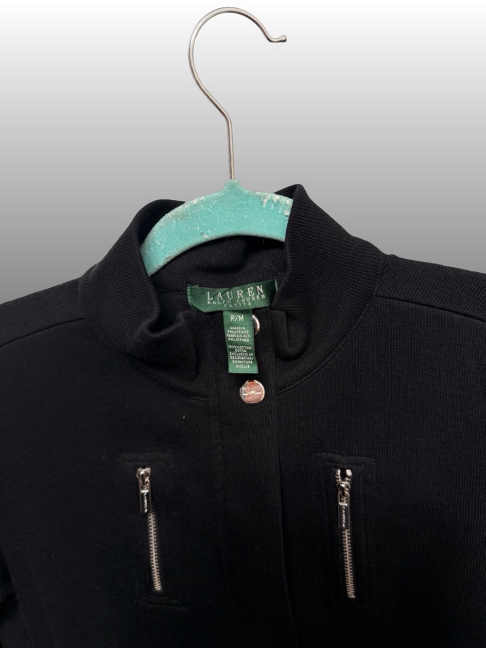 Lauren Ralph Lauren Petite Zip Jacket PM Black 100% Cotton Silver Hardware - Picture 7 of 7